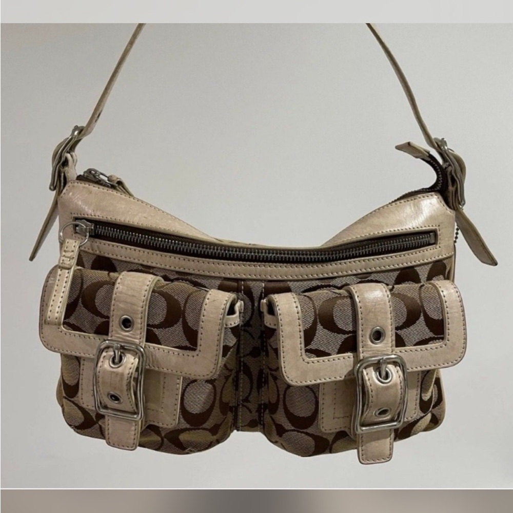 Coach Beige and Brown Signature Shoulder Bag